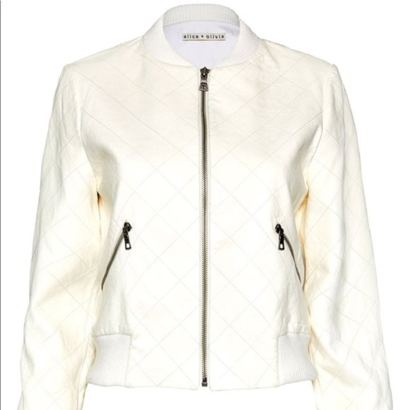 Alice & Olivia Demia Leather Jacket Cream XS
